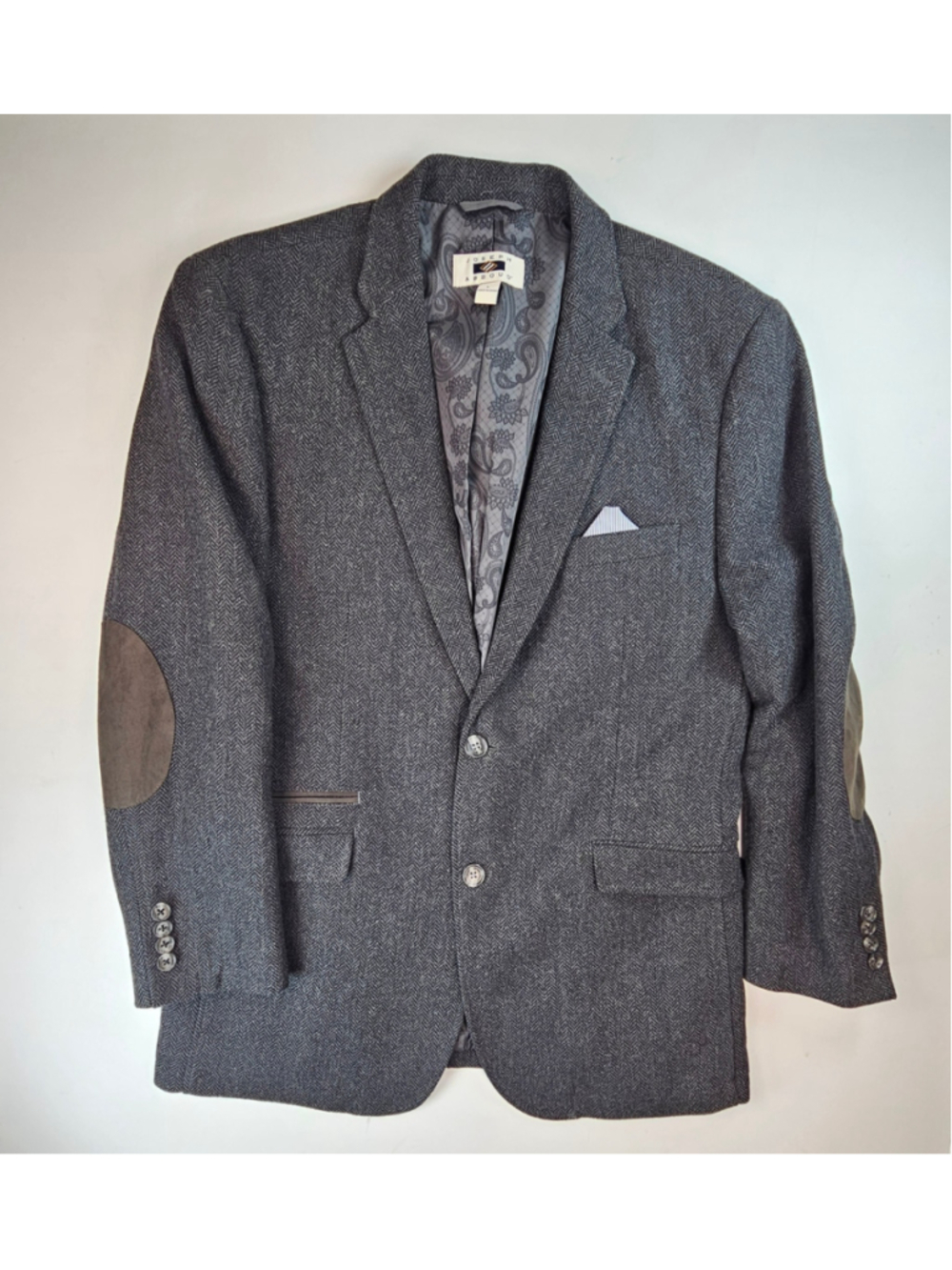 Joseph Abboud Mens Large Gray Herringbone Blazer Sport Coat Elbow Patches Tweed